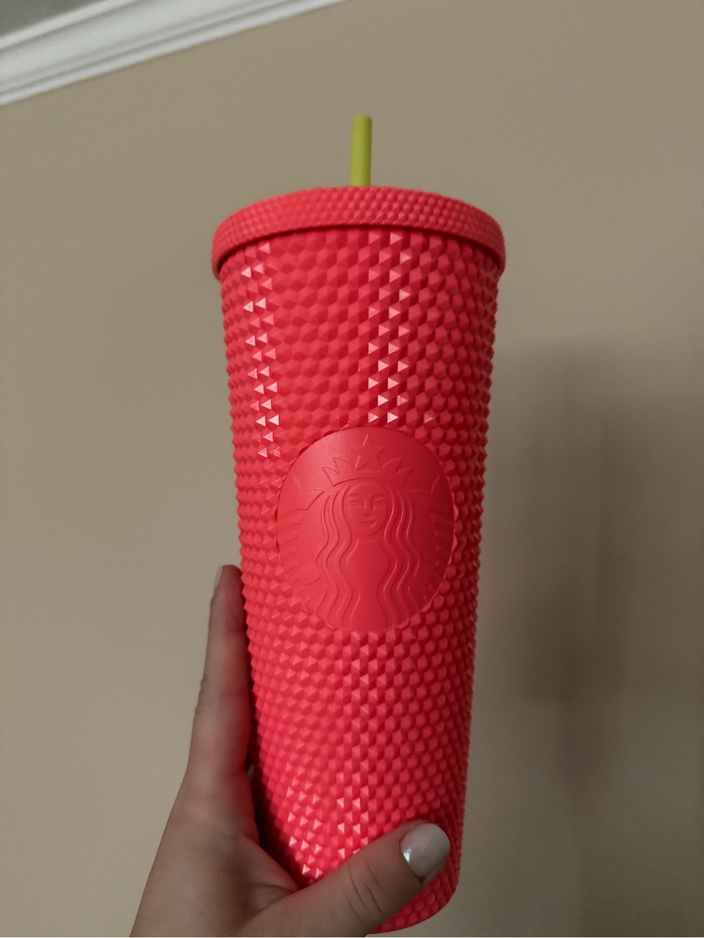 Starbucks Coral Textured Cold Cup with Lime Green Straw